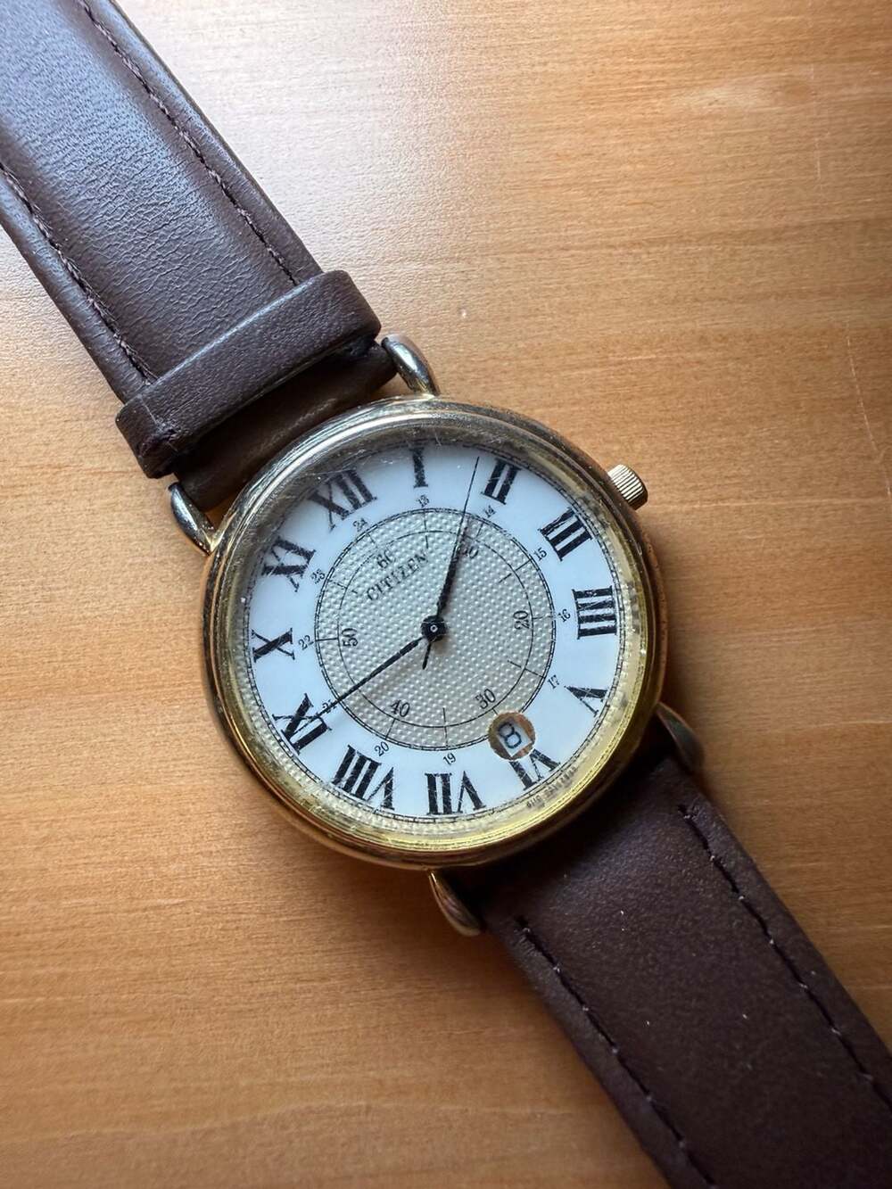 Citizen Vintage Quartz Watch Roman Numerals Date Brown Leather Strap